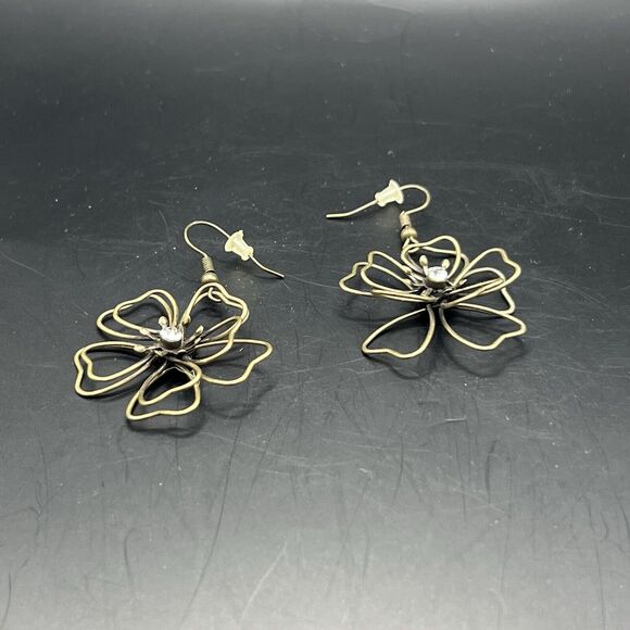 Earrings Wire Wrapped Flower Diamond Dangle Drop Hook Back Lightweight Earthy - Picture 1 of 7